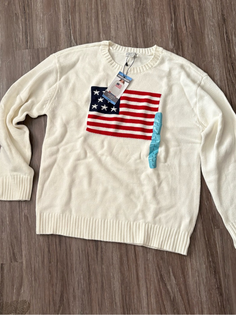 Mighty Fine Cream Sweater with Red and Navy Flag Detail